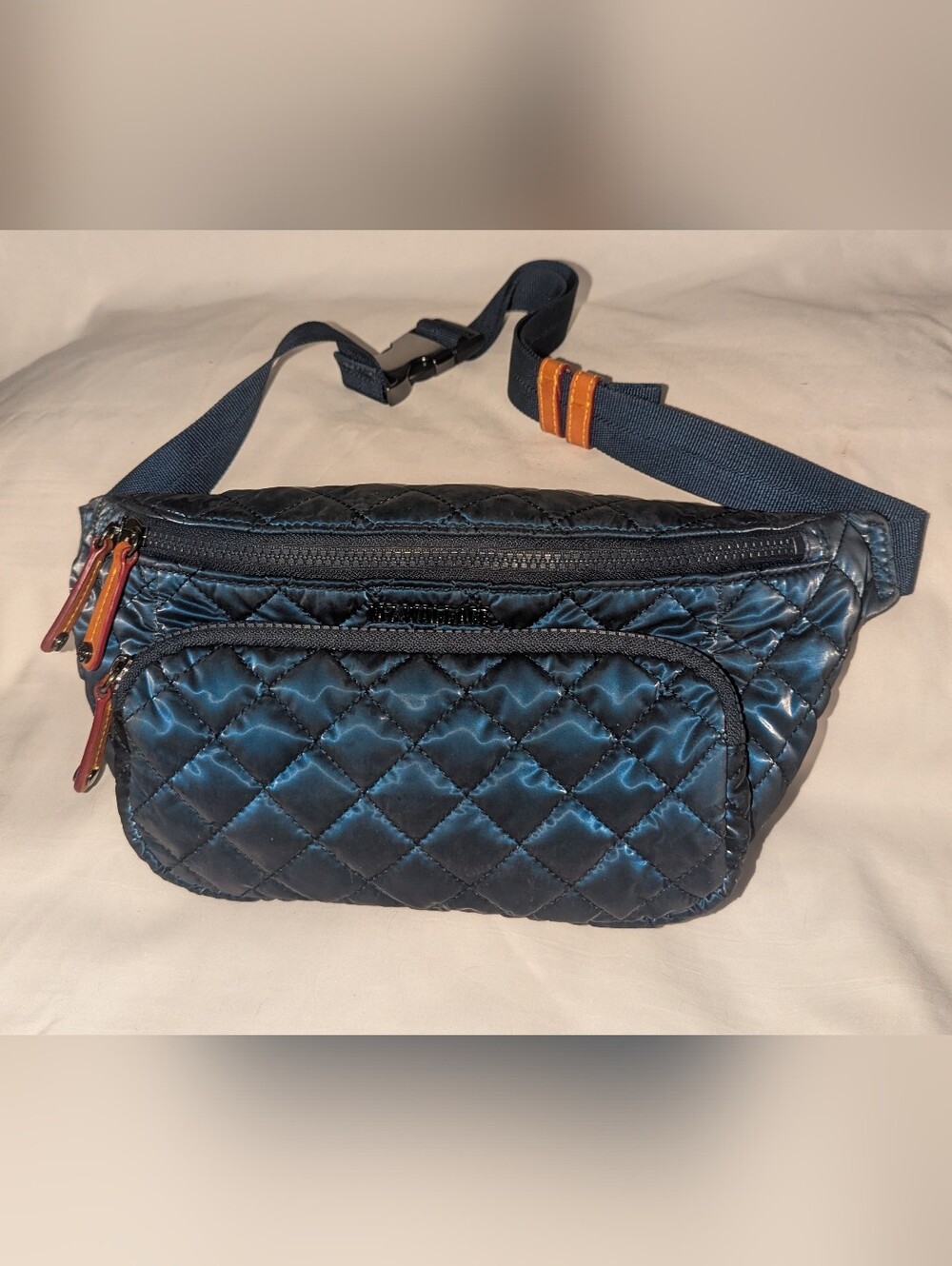 MZ Wallace Metro Quilted Sling Navy /Waist Bag with Leather Pulls - Picture 8 of 14